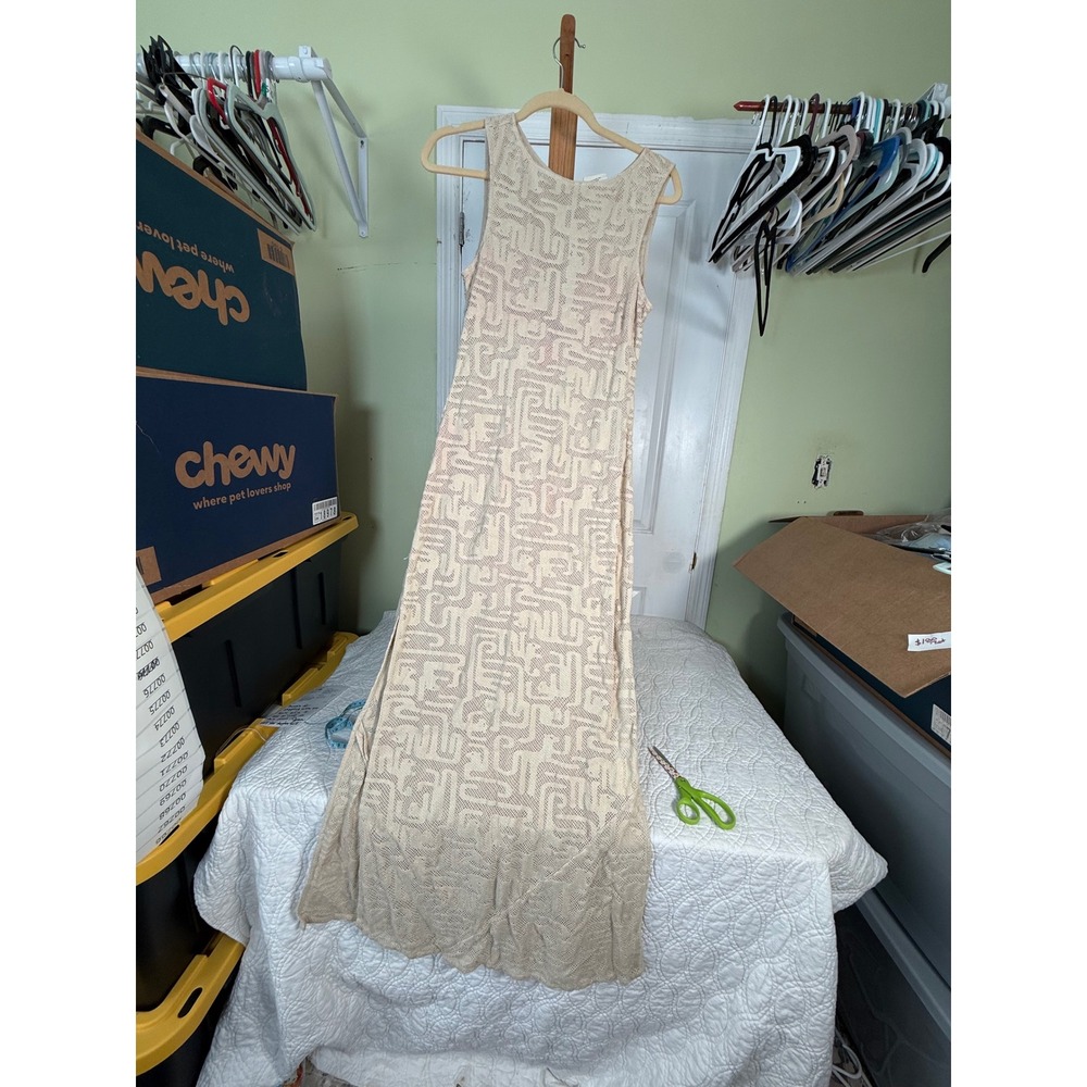 Soleil Soleil Cream Crochet Knit Open Back Maxi Dress Geometric Size 1